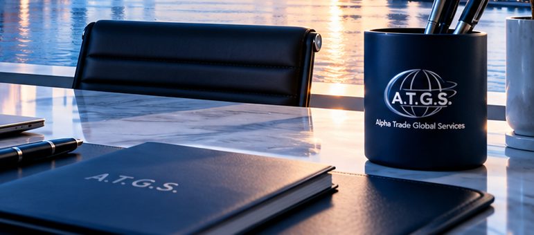 ATGS office desk with branded folder and pen holder