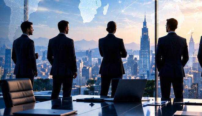 ATGS team members looking over a city skyline from a meeting room